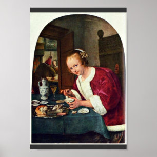 女食べ物の子のカキ。, Oesteretstertje By Jan Ste ポスター