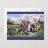 女食べ物を与えの子の農絵を描動物 ポストカード (正面/裏面)