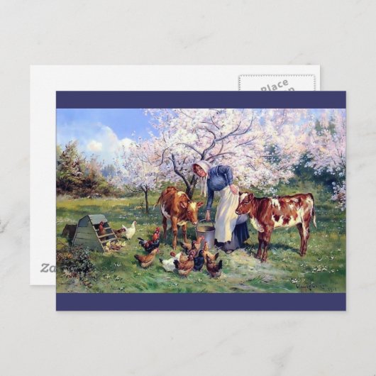 女食べ物を与えの子の農絵を描動物 ポストカード (正面/裏面)