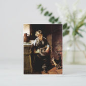 女食べ物を与え猫アンティーク絵画ズ ポストカード (スタンド正面)