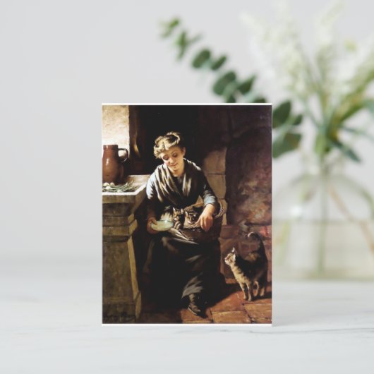 女食べ物を与え猫アンティーク絵画ズ ポストカード (スタンド正面)