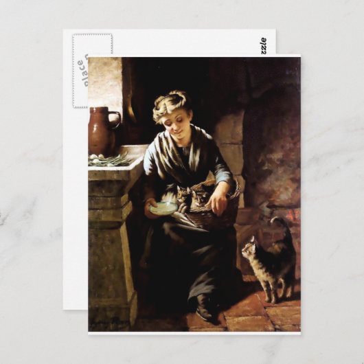 女食べ物を与え猫アンティーク絵画ズ ポストカード (正面/裏面)