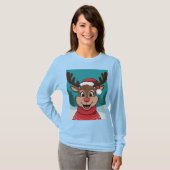 女魅力的の子のためのクリスマスのトナカイ顔Tシャツ Tシャツ (正面フル)