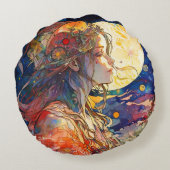 女鮮やかの子と月の丸い枕の水色 ラウンドクッション (裏面)