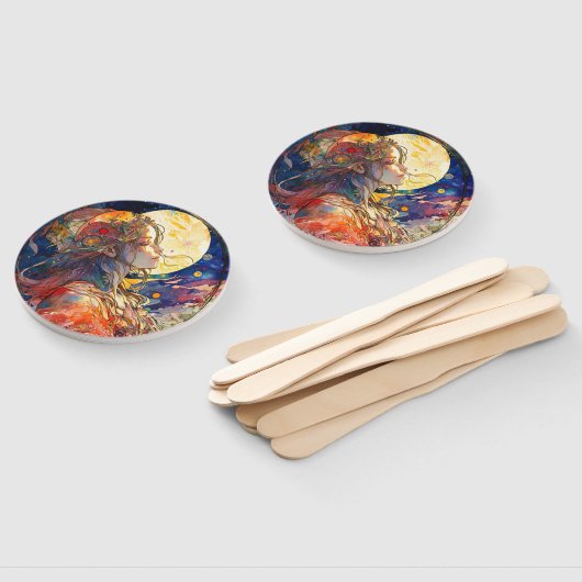 女鮮やかの子と月の水彩扇子 ハンドファン (組立なし)