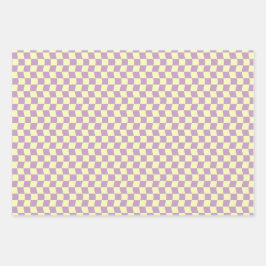 女10代のの子パステルイエローパープル波市松模様に状花 ラッピングペーパーシート