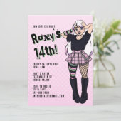 女10代のの子ピンク漫画パンク14誕生日 招待状 (スタンド正面)