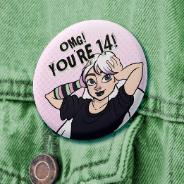 女10代のの子ピンク漫画パンク14誕生日 缶バッジ