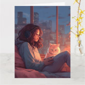 女10代のの子誕生日かわいい猫挨拶カード カード (黄色い花)