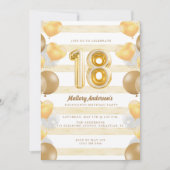 女10代のの子金ゴールドバルーン18th誕生日パーティー 招待状 (正面)