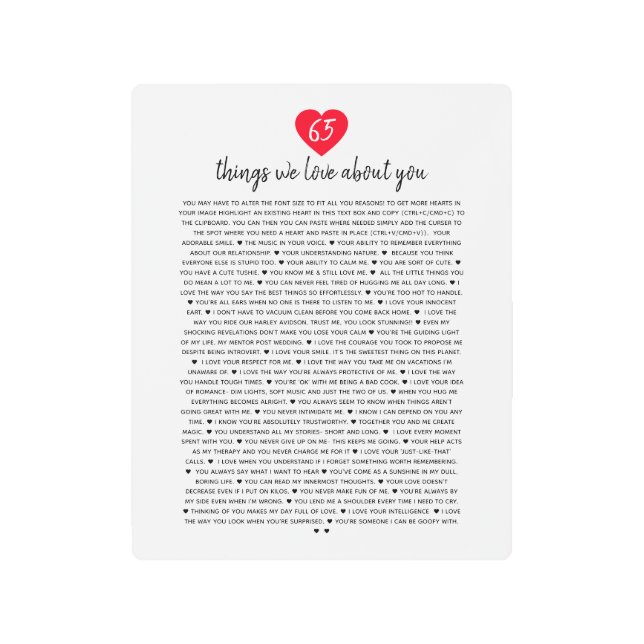 好きな理由は65個あります。ハートの理由 メタルプリント (正面)