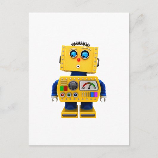 好奇な玩具ロボットが下を見ている ポストカード (正面)