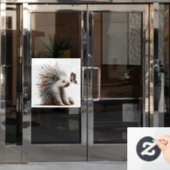 "好奇のトゲトゲ君" 水彩画のヤマアラシ ステッカー ウィンドウサイン (オフィスドア)