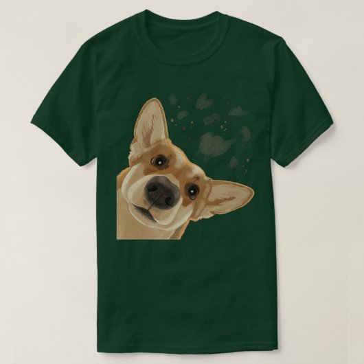 好奇心おもしろいの強い犬ウェルシュコーギー Tシャツ (デザイン正面)