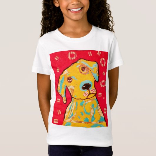 好奇心が強い犬のデザインの女の子の帽子の袖のTシャツ Tシャツ (正面)