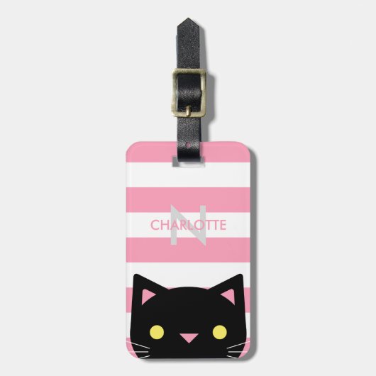 好奇心が強い黒猫は| |のモノグラムを縞で飾ります ラゲッジタグ (正面縦)