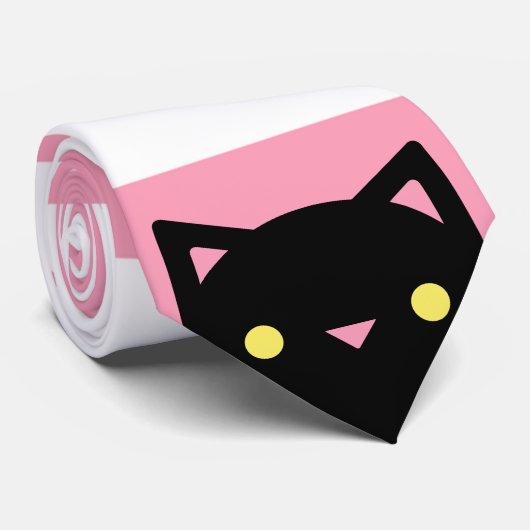 好奇心が強い黒猫は|ピンク|及び白を縞で飾ります ネクタイ (ロール)