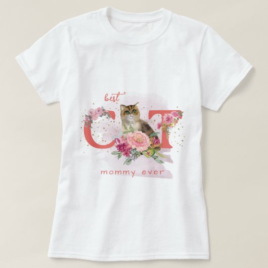 好奇心に満ちた猫と花をカスタマイズ Tシャツ (デザイン正面)
