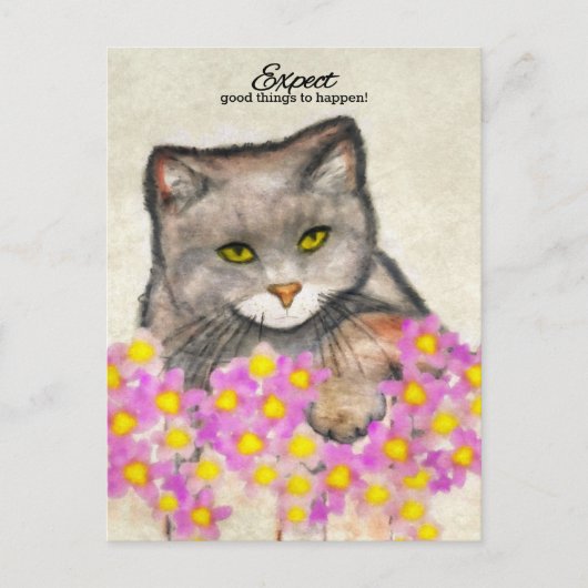 好奇心の子猫- "良い事が起こることを期待する!" ポストカード (正面)