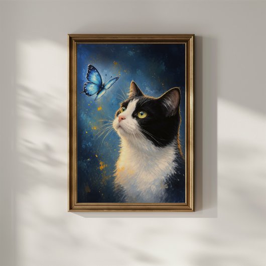 好奇心旺盛な猫と青い蝶 ポスター