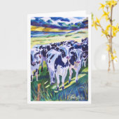"好奇心"オリジナル乳牛の水色 カード (黄色い花)