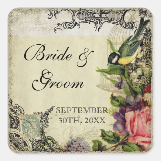 好意のギフトはラベルの黄色い歌の鳥籠の花柄を密封します スクエアシール (正面)