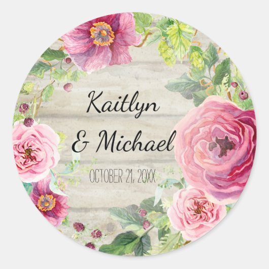 好意の装飾のばら色のシャクヤクの素朴な木製の花のリース ラウンドシール (正面)