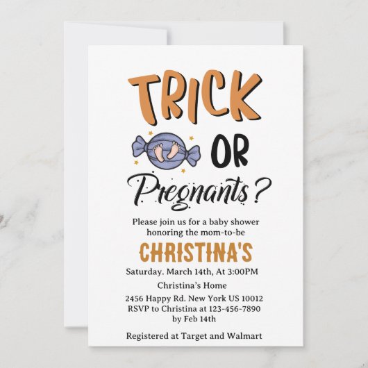 妊娠したハロウィーンの魔女の赤ちゃんシャワーをトリックしない 招待状 (正面)