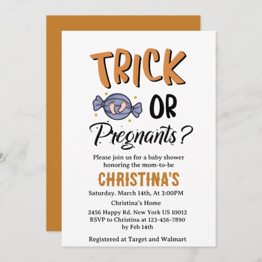妊娠したハロウィーンの魔女の赤ちゃんシャワーをトリックしない 招待状 (正面/裏面)