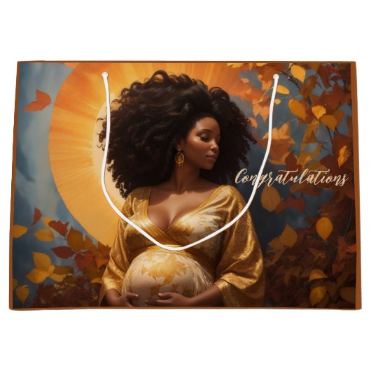 妊娠する秋のアフロ中心の母親 ラージペーパーバッグ (正面)