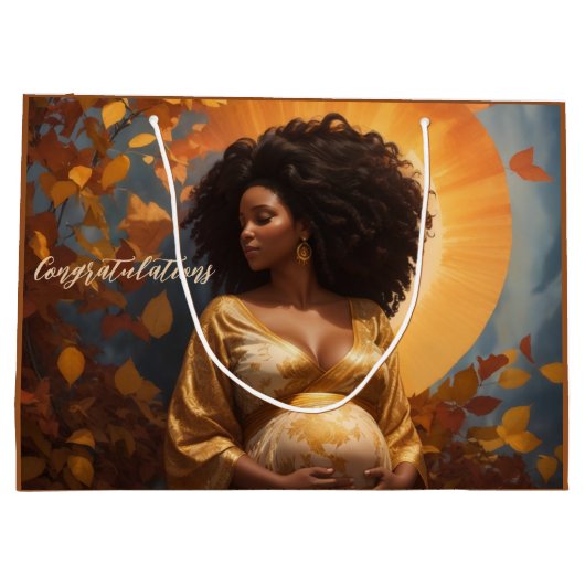 妊娠する秋のアフロ中心の母親 ラージペーパーバッグ (裏面)