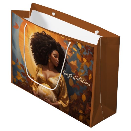 妊娠する秋のアフロ中心の母親 ラージペーパーバッグ (正面アングル)