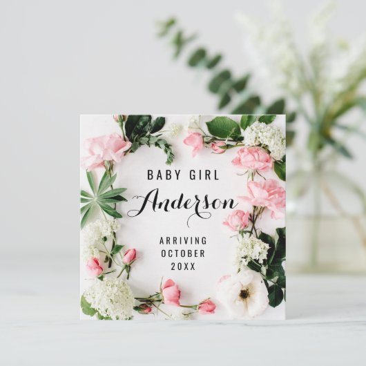 妊娠のお知らせ – ピンクフローラリース サンキューカード (スタンド正面)