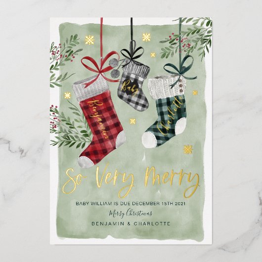 妊娠の発表の水の色の家族ストッキング 箔シーズンカード (正面)