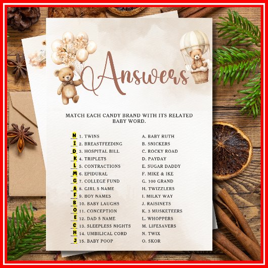 妊娠キャンディマッチ赤ちゃんシャワーゲームかわいいクマ 招待状