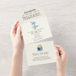 妊娠サウルス可愛いおもしろい恐竜の男の子の赤ちゃんシャワー オールインワン招待状