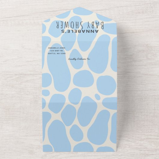 妊娠サウルス可愛いおもしろい恐竜の男の子の赤ちゃんシャワー オールインワン招待状 (外側)