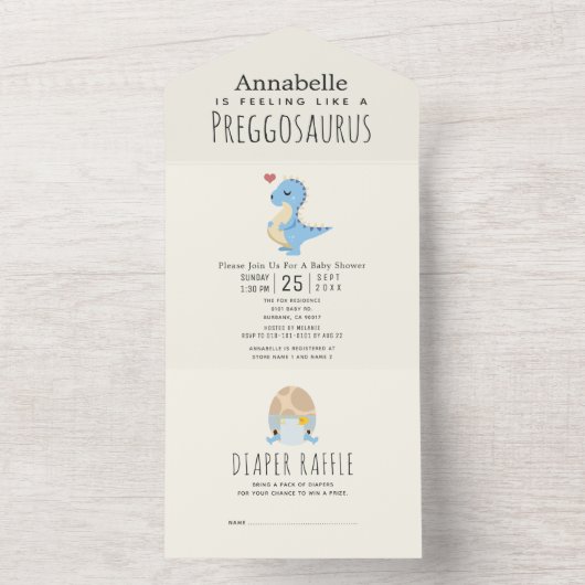 妊娠サウルス可愛いおもしろい恐竜の男の子の赤ちゃんシャワー オールインワン招待状 (内側)