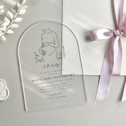 妊娠シルエットミニマリストベビーシャワー アクリル招待状