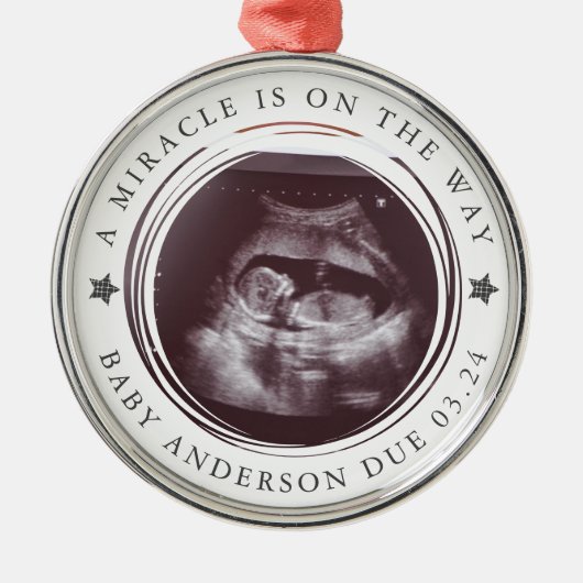 妊娠パーソナライズされた発表写真 メタルオーナメント (正面)