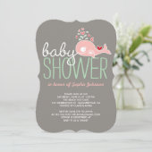 妊娠ピンクママ鯨かわいい女の子の赤ちゃんシャワー 招待状 (スタンド正面)