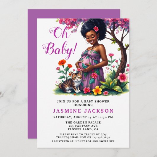 妊娠中のお母さん猫フローラ紫色の赤ちゃんシャワー 招待状 (正面/裏面)