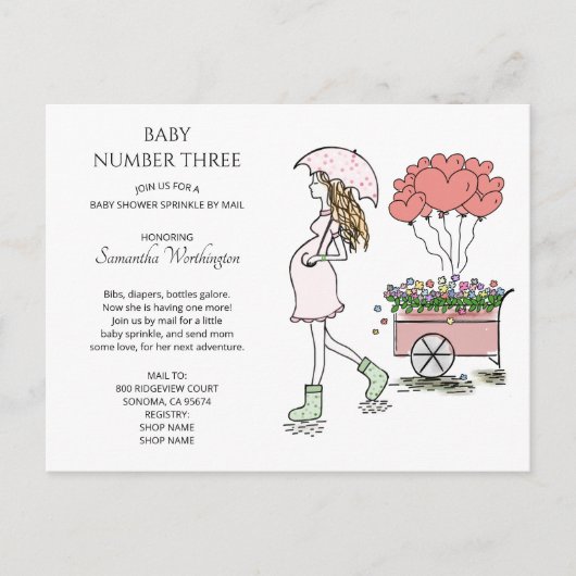 妊娠中のお母さん第3ベビーふりかけシャワーバイメール インビテーションポストカード (正面)