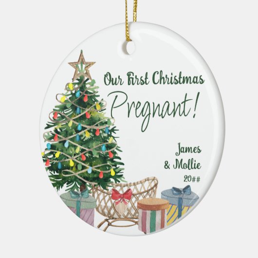 妊娠中のソノグラム写真クリスマスツリーとクリブ セラミックオーナメント (左)