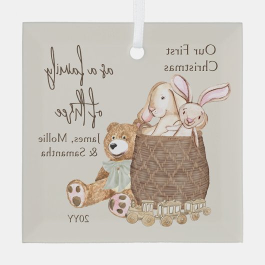 妊娠中のテディベアとトイバスケットの3つの家族 ガラスオーナメント (裏面)