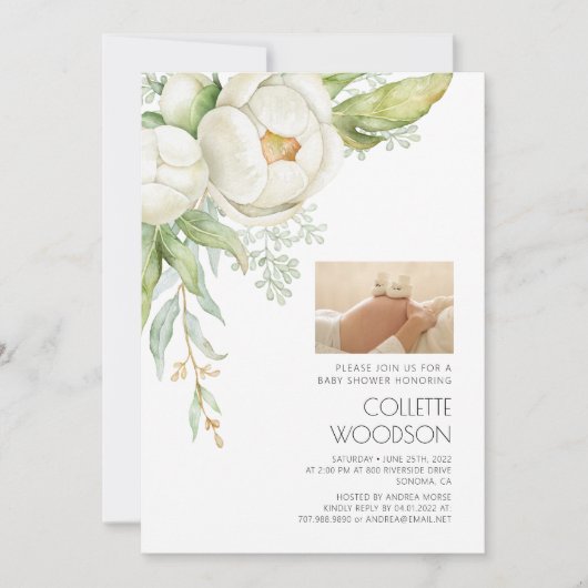 妊娠中の腹部フローラ写真ベビーシャワー招待状 招待状 (正面)