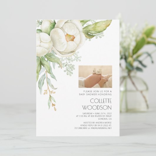 妊娠中の腹部フローラ写真ベビーシャワー招待状 招待状 (スタンド正面)