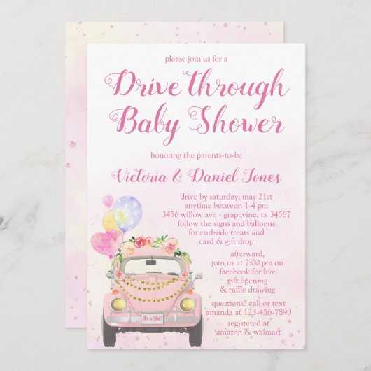 妊娠中の赤ちゃんシャワーで車を運転する 招待状 (正面/裏面)