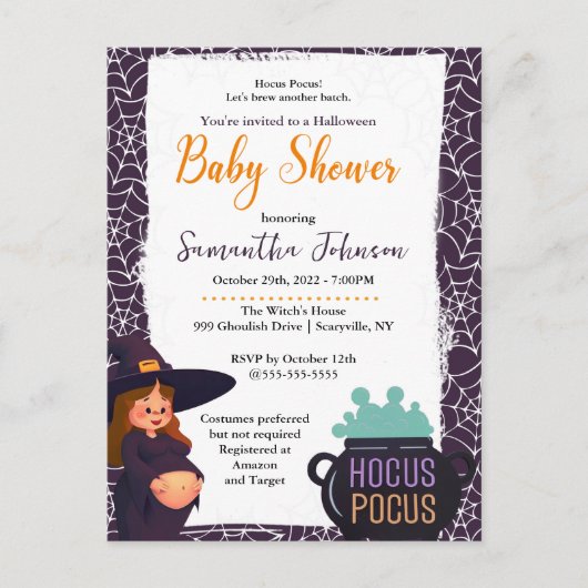 妊娠中の魔女ハロウィーン赤ちゃんシャワー衣装パーティー インビテーションポストカード (正面)