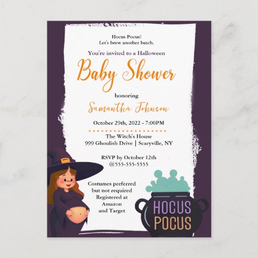 妊娠中の魔女ハロウィーン赤ちゃんシャワー衣装パーティー インビテーションポストカード (正面)